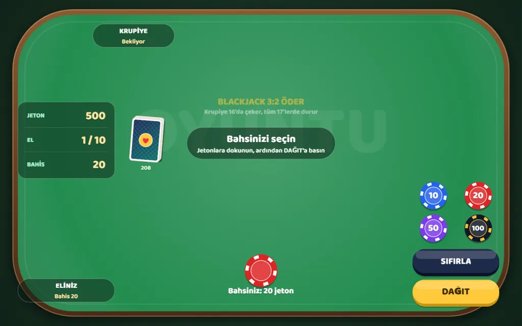 Blackjack 21 oyun ekranı